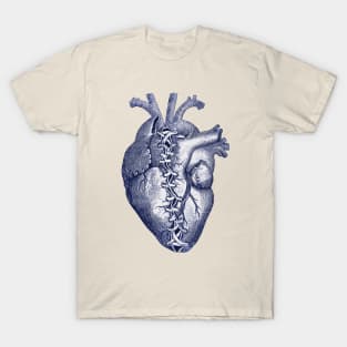 Blue Broken heart, Human heart illustration art, laces, tied heart, sewn heart T-Shirt